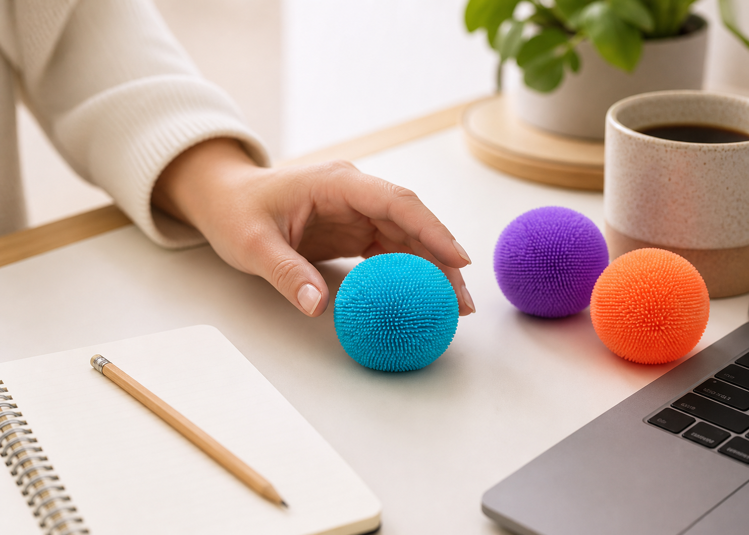 Desk reset scene with a fuzzy sensory ball