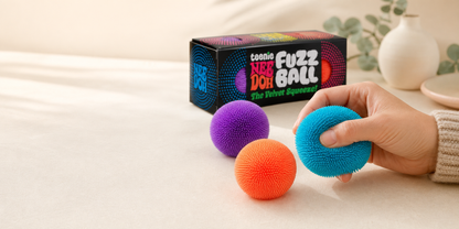 High-end lifestyle photo of colorful fuzzy sensory balls