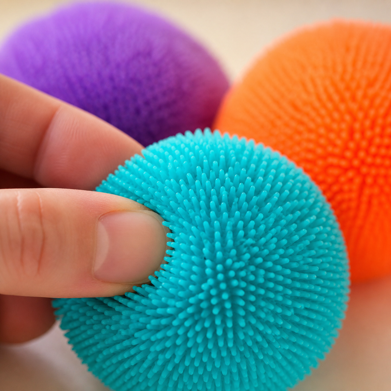 Close view of the textured surface of a blue fuzzy sensory ball.